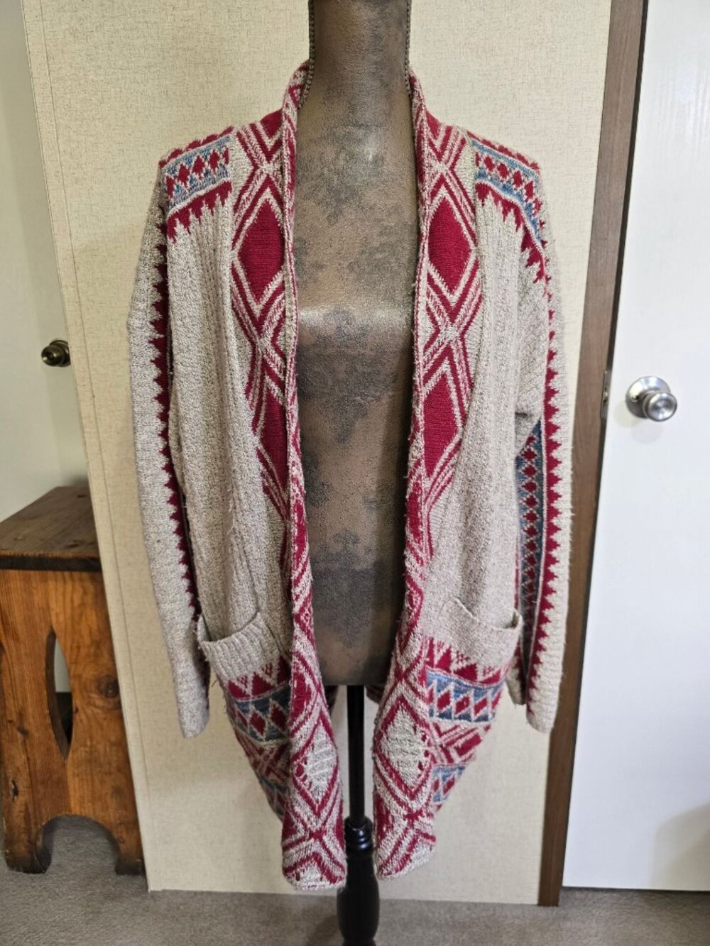 Lucky Brand Large Open Front Cardigan Sweater Beige Red Southwest Boho